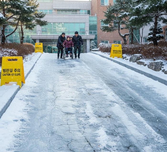 시설앞 경사로의 빙판길 상상도 갑작스러운 폭설과 이후 결빙은 어르신과 종사자 나아가 방문자들의 안전을 위협한다이미지제미나이