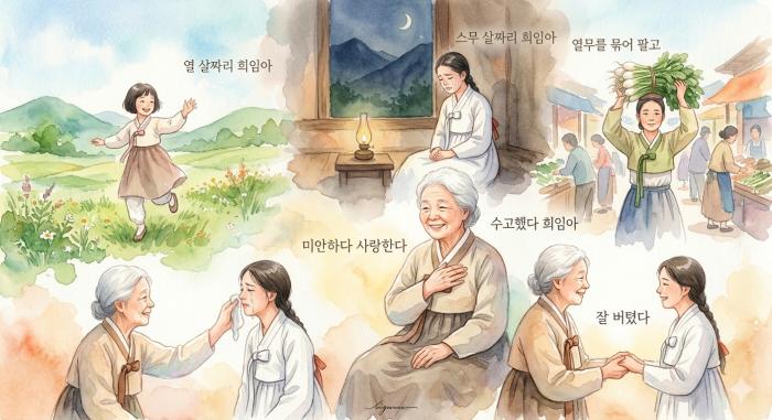 전희임 어르신이 스스로를 다독이고 격려하며 위로하는 내용을 AI로 표현했다