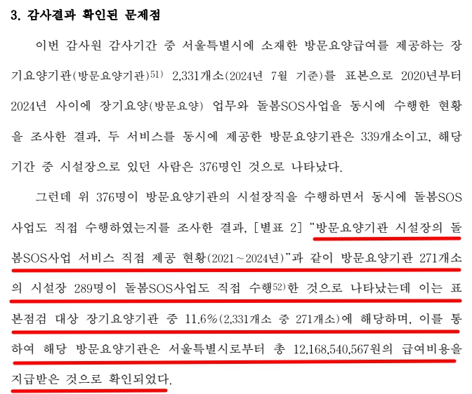 감사원은 2020년부터 2024년 사이에 장기요양방문요양  업무와 돌봄SOS사업을 동시에 수행한 현황 을 조사한 결과  두 서비스를 동시에 제공한 방문요양기관은 339개소이고  해당 기간 중 시설장으로 있던 사람은 376명인 것으로 발표했다