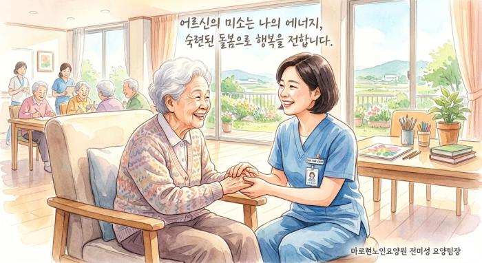 마로현노인요양원 전미성 요양팀장의 활동 모습을 AI로 표현함