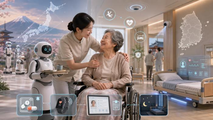 일본의 AI 로봇 대량 도입 전략과 장기요양 현장의 스마트 돌봄 전환을 상징한 이미지 돌봄의 중심에는 여전히 사람이 있고 AI 로봇과 스마트 장비는 낙상 감지 야간 모니터링 복약 알림 기록 보조 등 현장의 부족한 손을 보완하는 역할을 한다이미지AI