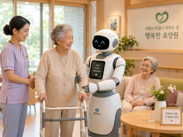 요양시설 어르신과 로봇간 교감 장면이미지AI